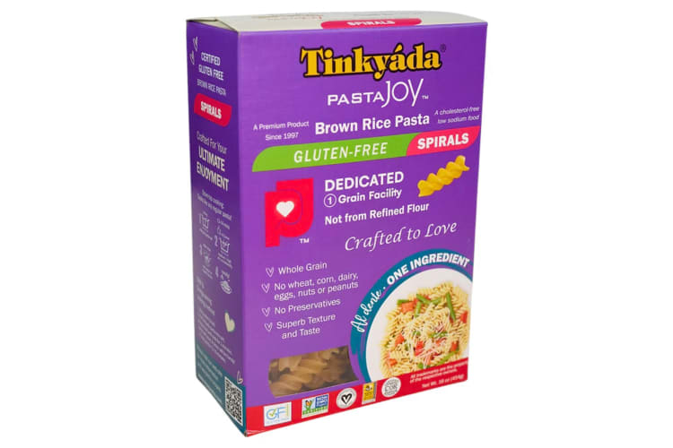 A purple box of gluten-free brown rice pasta