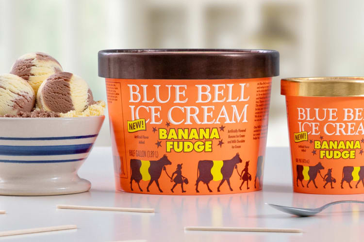 Orange tubs of Blue Bell banana fudge ice cream