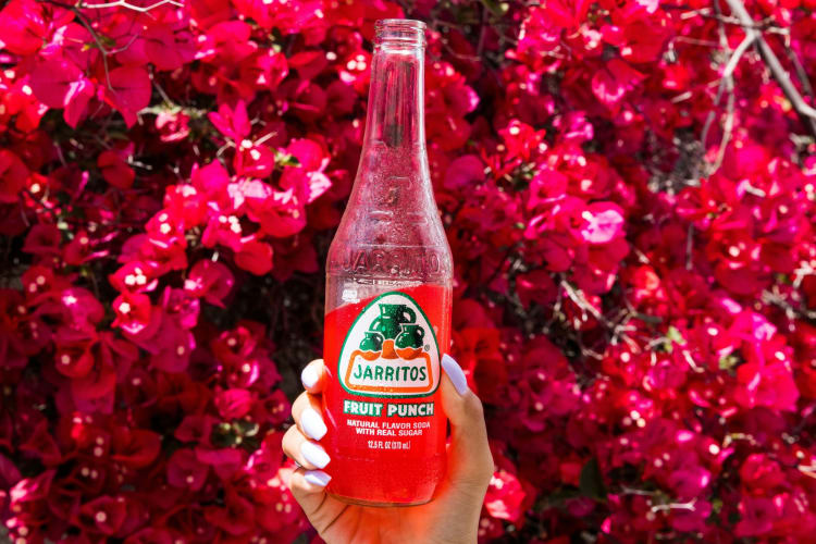 A Fruit Punch Jarritos next to a bush of pink flowers