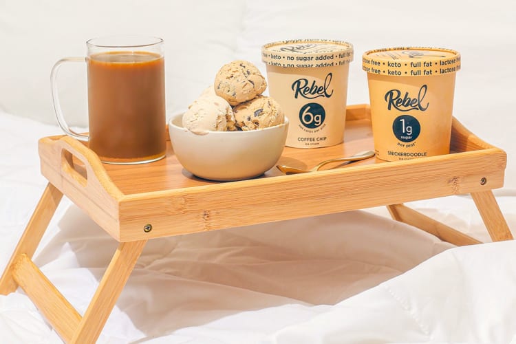 Coffee and coffe flavored ice cream on a breakfast tray