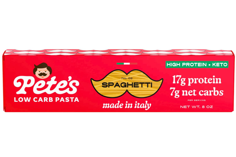 A red box of Pete's low-carb spaghetti