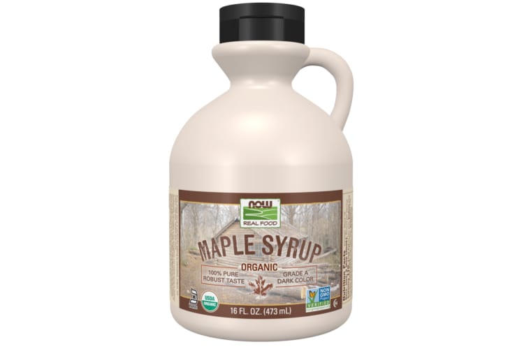 A jug of Now Real Foods maple syrup