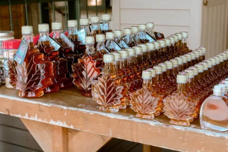 Bottles of maple syrup on a table at a shop