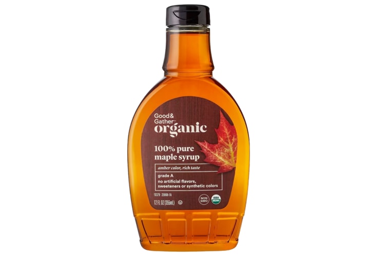 A glass bottle of Good and Gather organic maple syrup