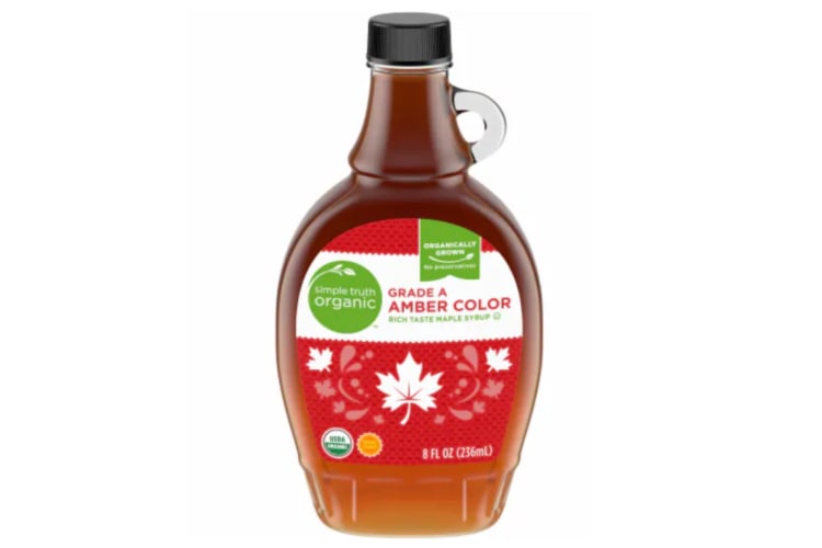 A bottle of Simple Truth Grade A amber maple syrup