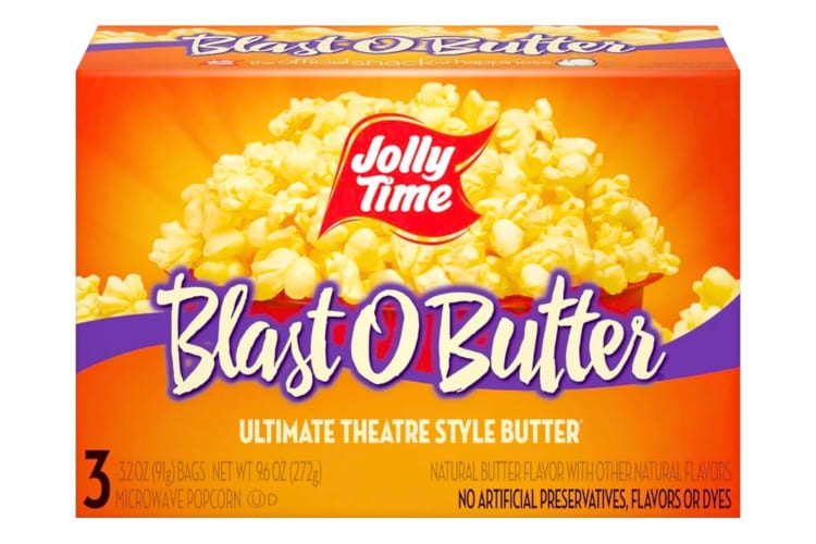 A box of Jolly Time Blast O’ Butter Microwave Popcorn