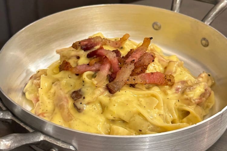 Pasta carbonara in a pan