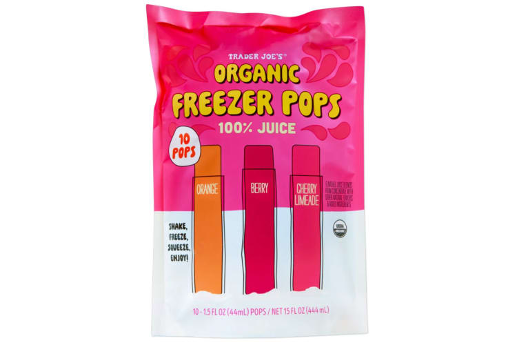 A pink and white bag of Trader Joe's ice pops