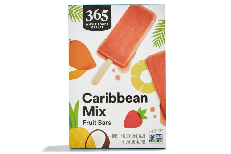 Caribbean Mix popsicles in a white box with tropical fruit design