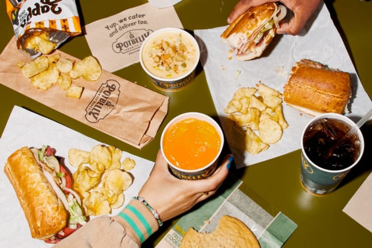 A selection of sandwiches and drinks from Potbelly