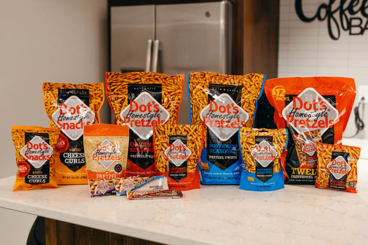 A selection of Dot's pretzel products on a kitchen counter