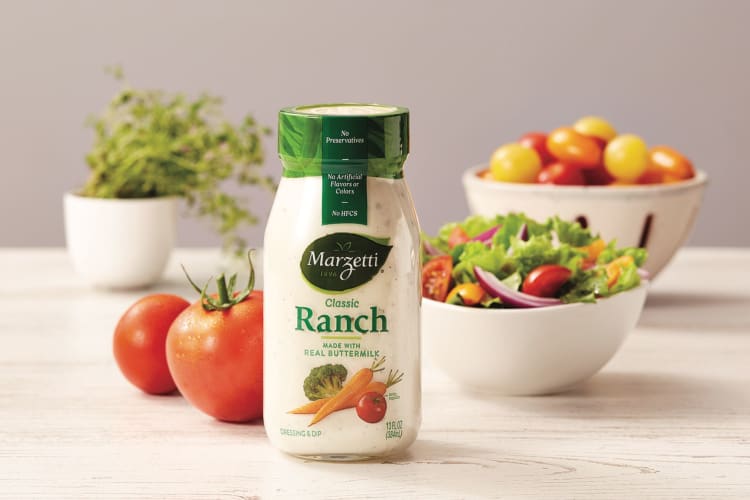 A bottle of Marzetti Classic Ranch on a kitchen counter