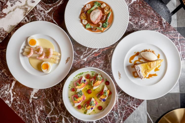 Four gourmet dishes on a table