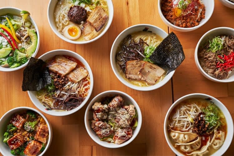 Bowls of ramen with various toppings