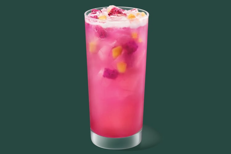 A mango and dragonfruit iced tea drink