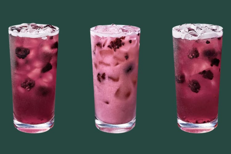 Three blackberry soft drinks on a green background