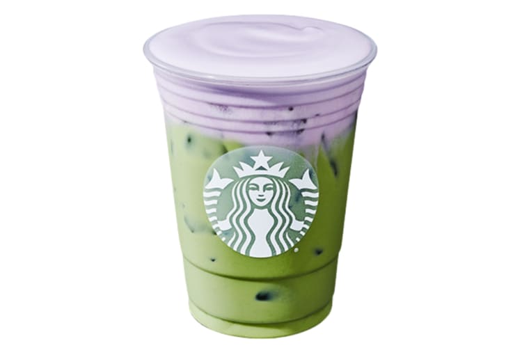 A matcha iced tea drink topped with lavender foam