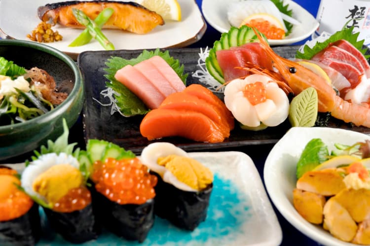 A selection of fresh fish, seafood and sushi