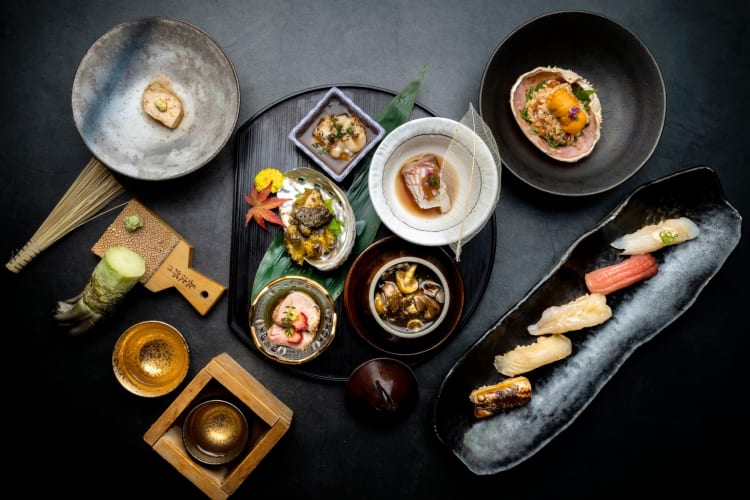 A selection of omakase dishes on a table