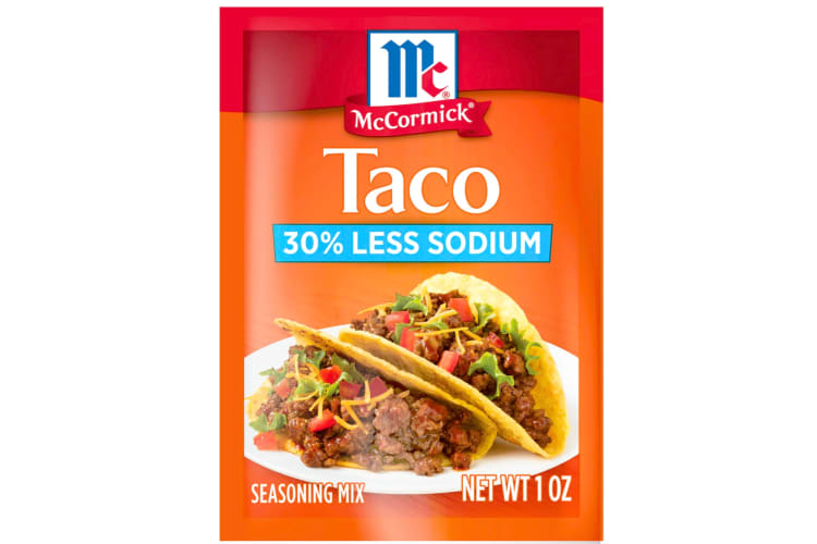 A red and orange packet of low-sodium taco seasoning