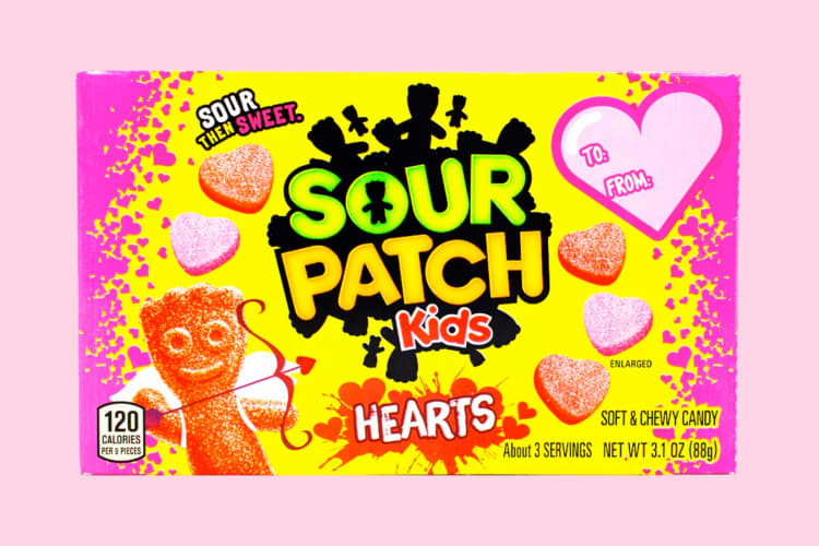 A box of Sour Patch Kids candy hearts