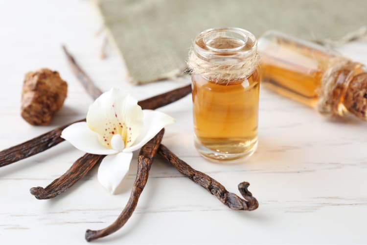 Vanilla extract next to vanilla pods