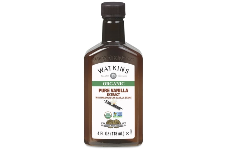 A bottle of Watkins organic pure vanilla extract