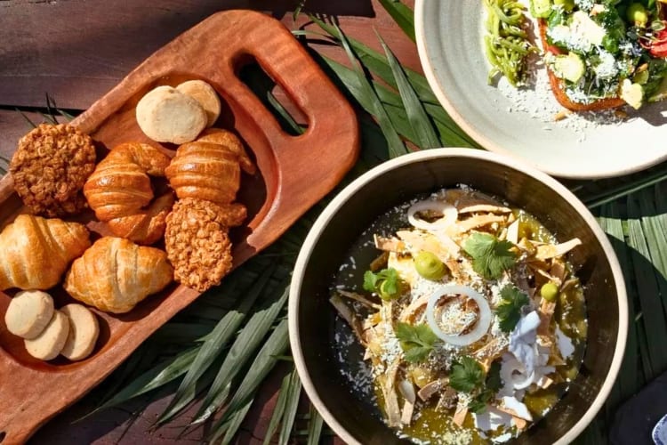 Breakfast foods at a restaurant in Mexico.