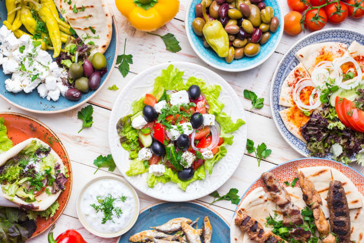 A selection of mezze dishes on a table