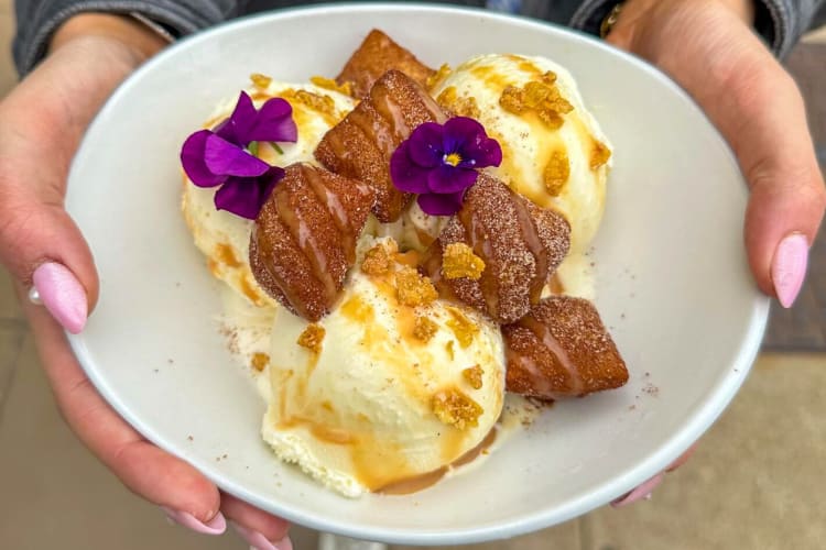 A person holding an ice cream dessert with edible flowers