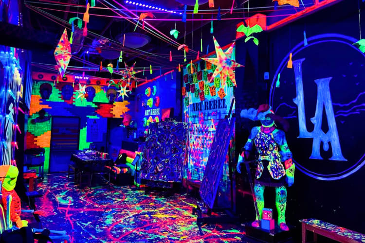 A room covered in neon glow-in-the-dark paint