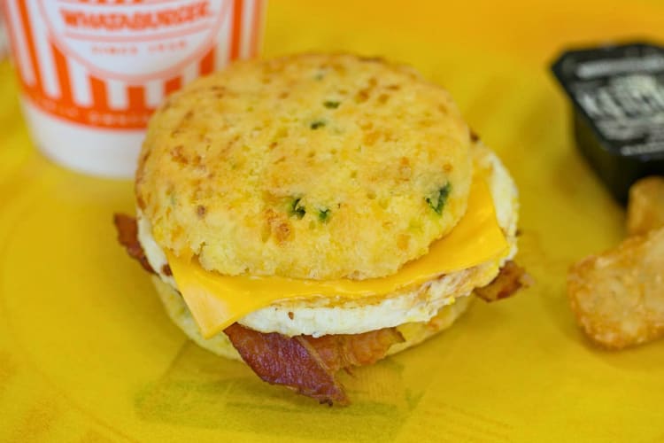 Biscuit with bacon, egg and cheese, a Whataburger breakfast menu item