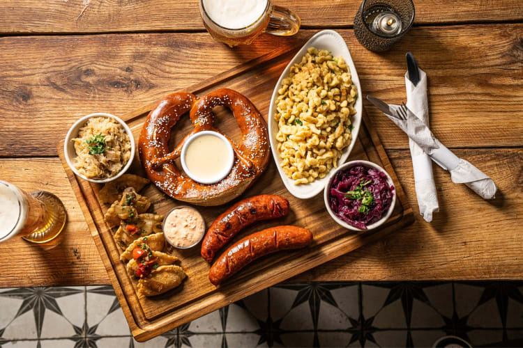 Meal with a variety of foods from Bohemian Biergarten