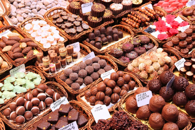 A selection of chocolates in a chocolate shop
