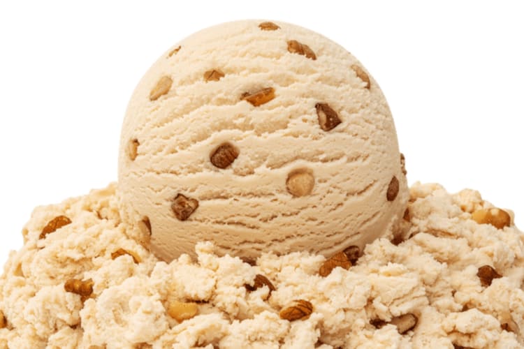 A scoop of ice cream with walnut pieces
