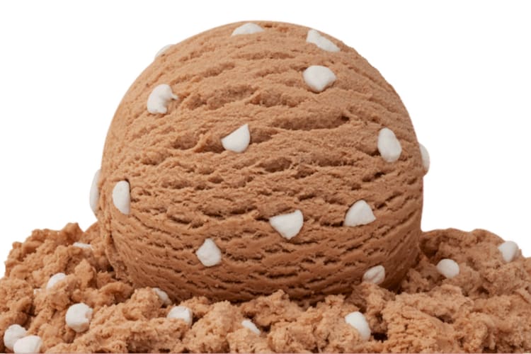 A scoop of chocolate ice cream with marshmallows