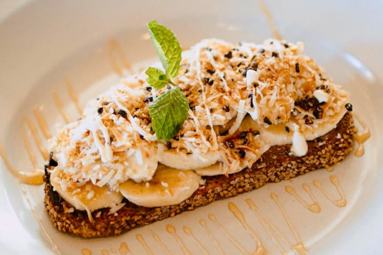 Toast with banana slices and syrup
