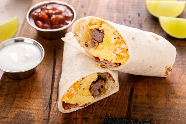 Breakfast burrito with sausage, eggs and cheese
