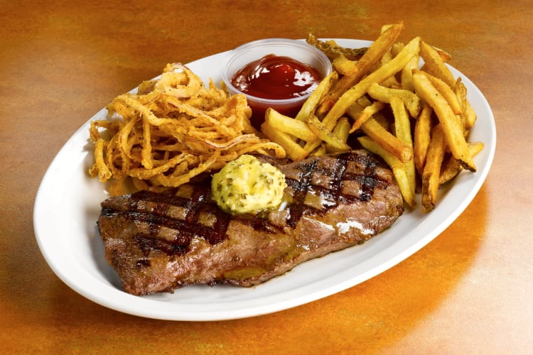 Steak, fries and crispy onions