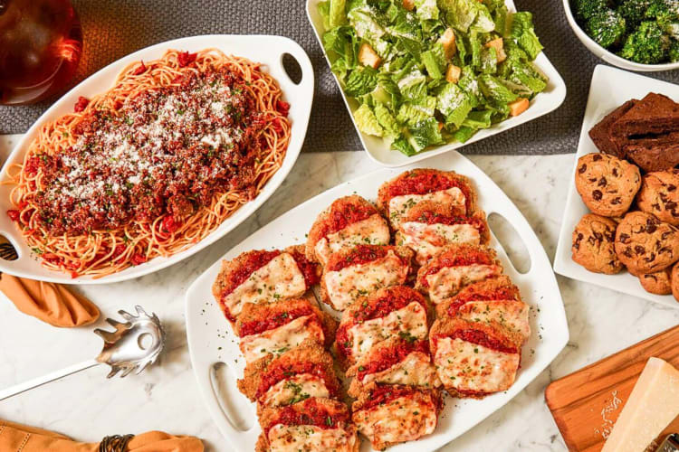 Aerial shot of a variety of dishes from Buca di Beppo