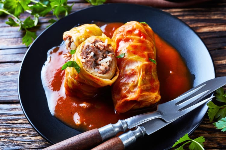 Cabbage rolls with tomato sauce on a plate