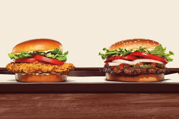 A burger and a chicken sandwich