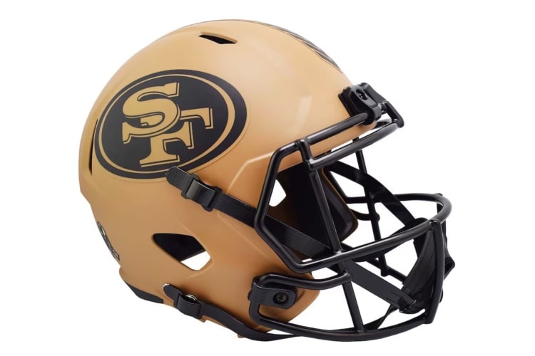 A replica football helmet with a San Francisco 49ers logo