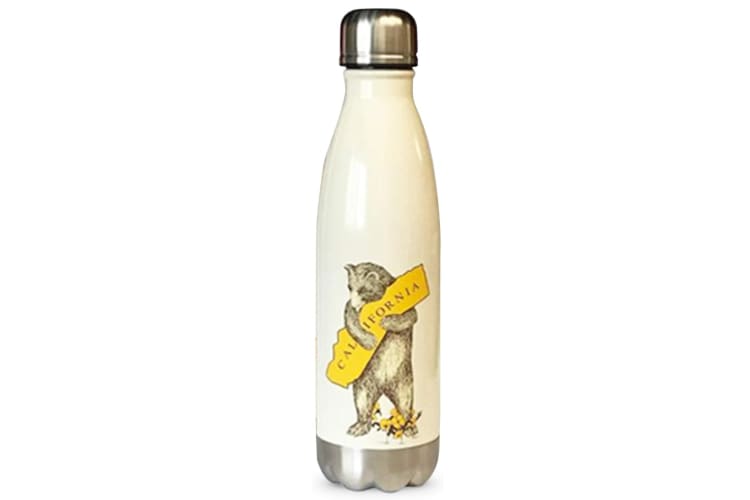 A water bottle with an image of a bear holding a California sign