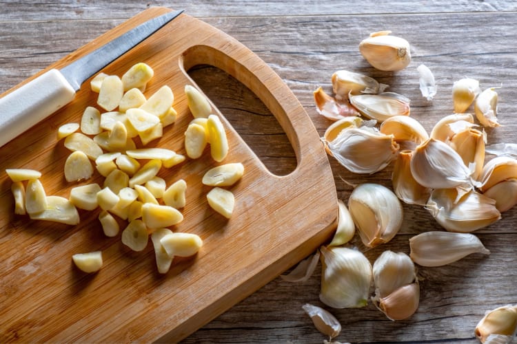 Chopped garlic on a board