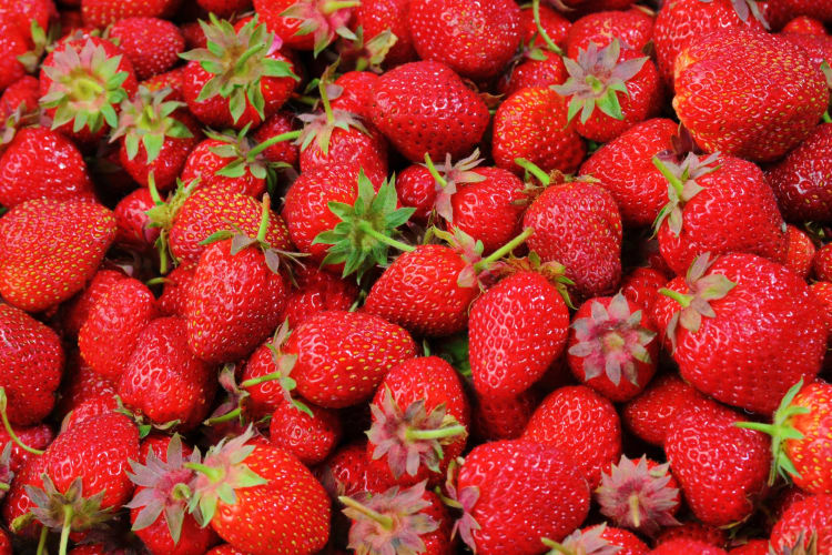 Whole strawberries with the stems on