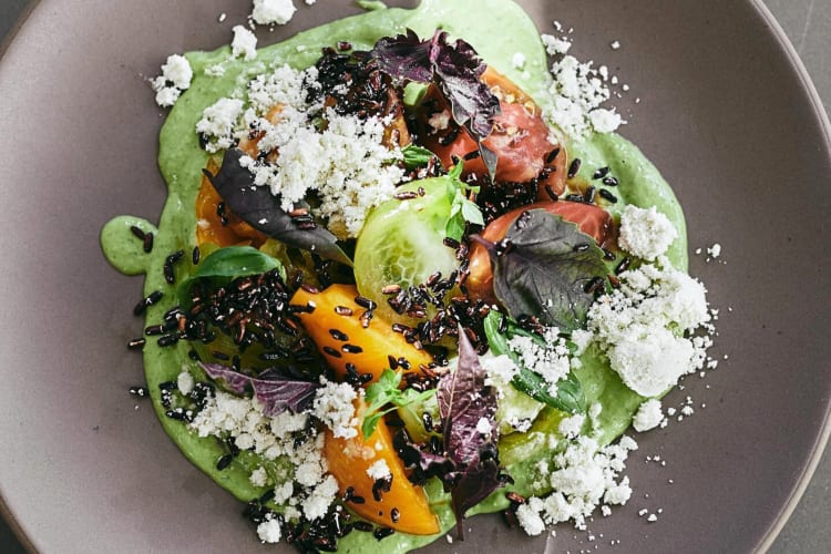 Aerial close-up view of a salad from Canon, a restaurant in Sacramento