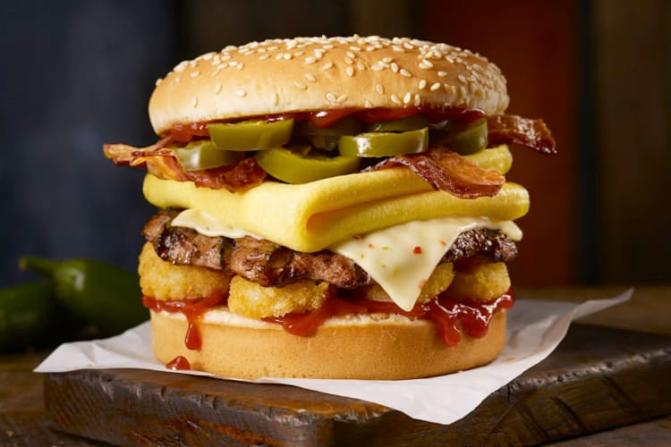 A breakfast burger with jalapeños