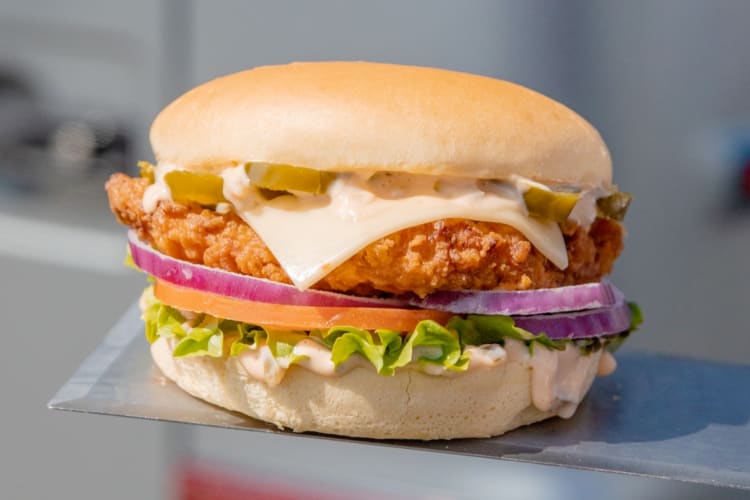 A chicken sandwich with cheese, tomato, onion and lettuce