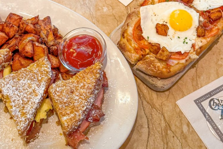 Breakfast dishes on a table at The Cheesecake Factory